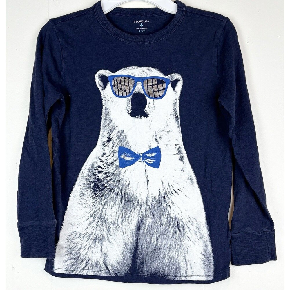 Crewcuts J.Crew Boys Graphic Shirt Bear Long Sleeve Navy Blue Sz Small (6/7)